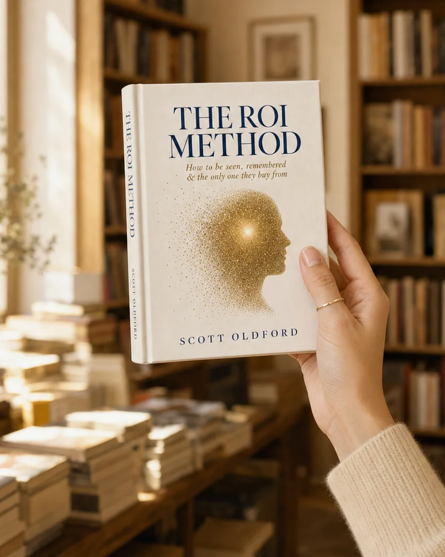A hand holding The ROI Method book in a bookstore.