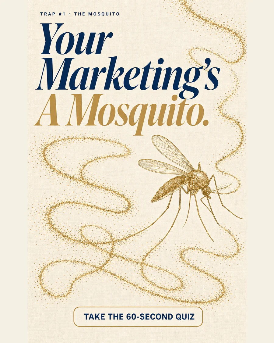 Gold mosquito illustration beside Your Marketing's a Mosquito and a quiz call to action.
