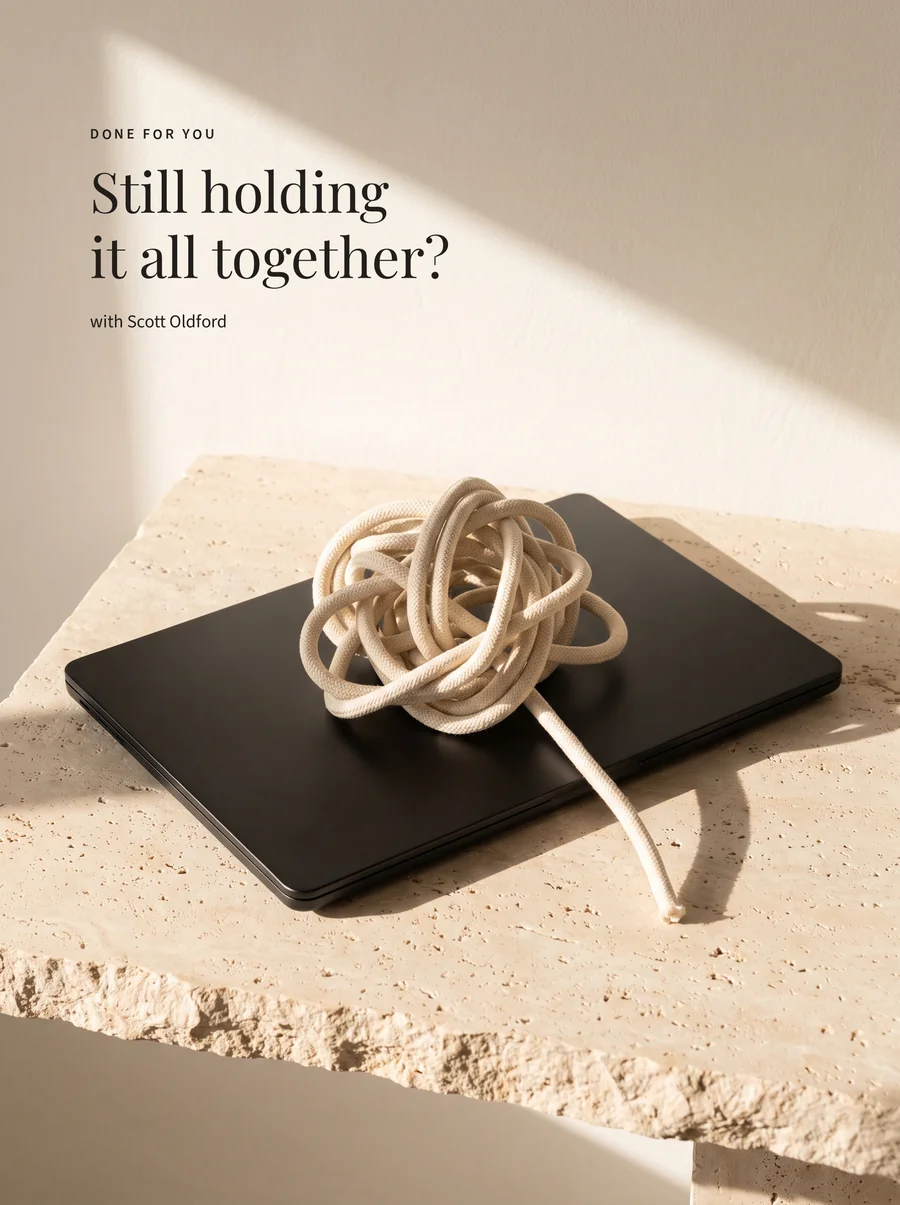 A knotted cord sitting on a laptop with the question Still holding it all together?