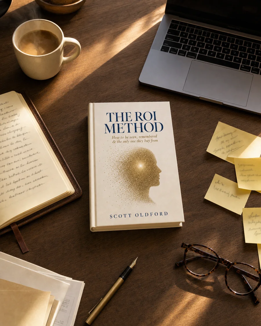 The ROI Method book on a desk with notes, coffee and a laptop.